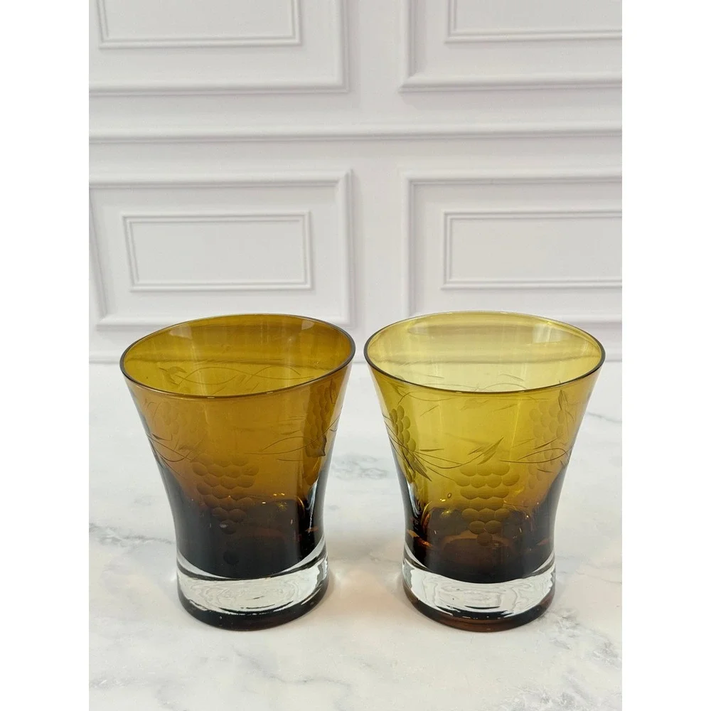 Vintage PAIR (2) Etched Grape Pattern Amber 4.5in Flared Juice Glasses